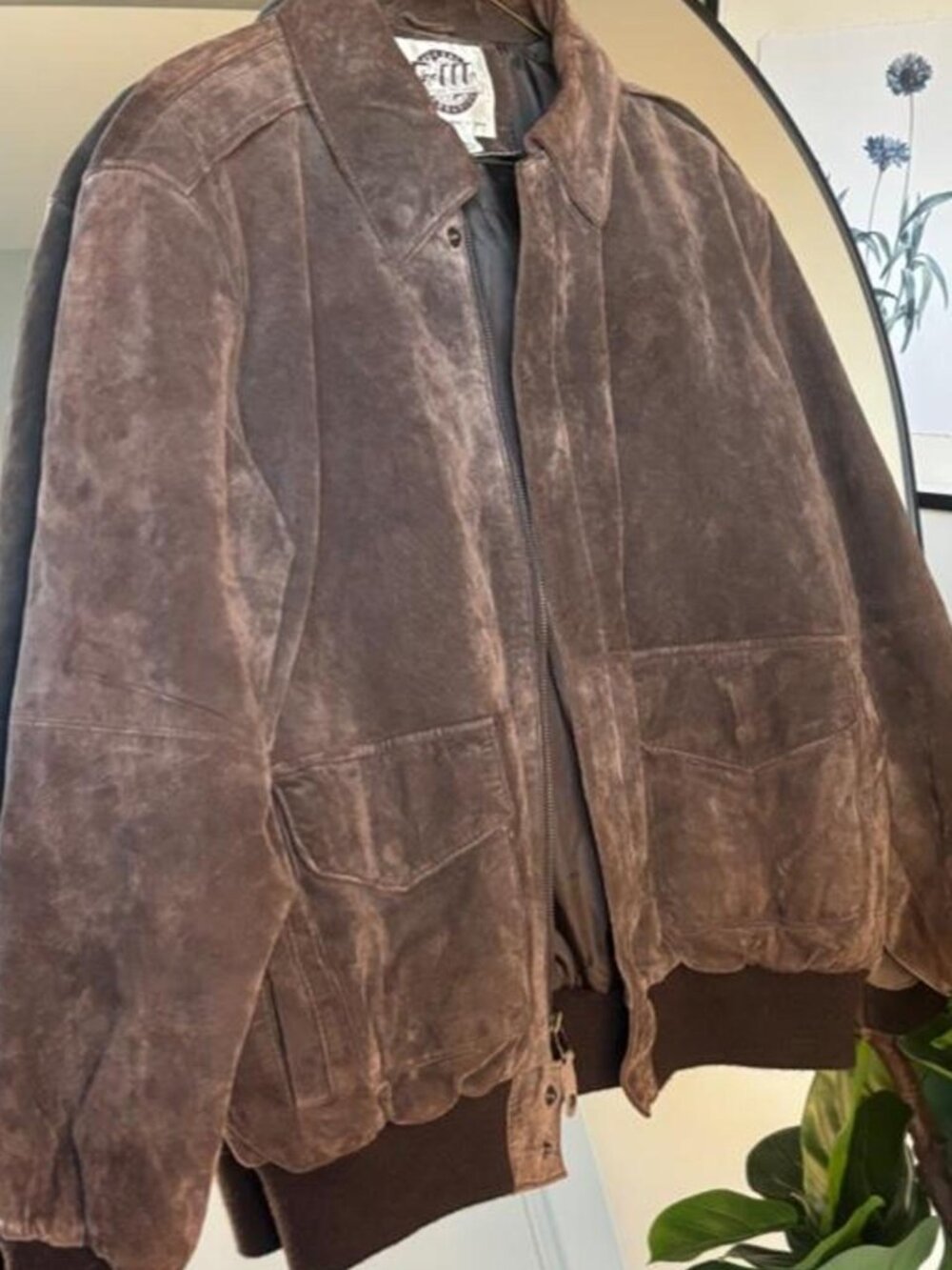 Vintage Distressed Brown 100% Leather Bomber Jacket Oversized 90s Grunge